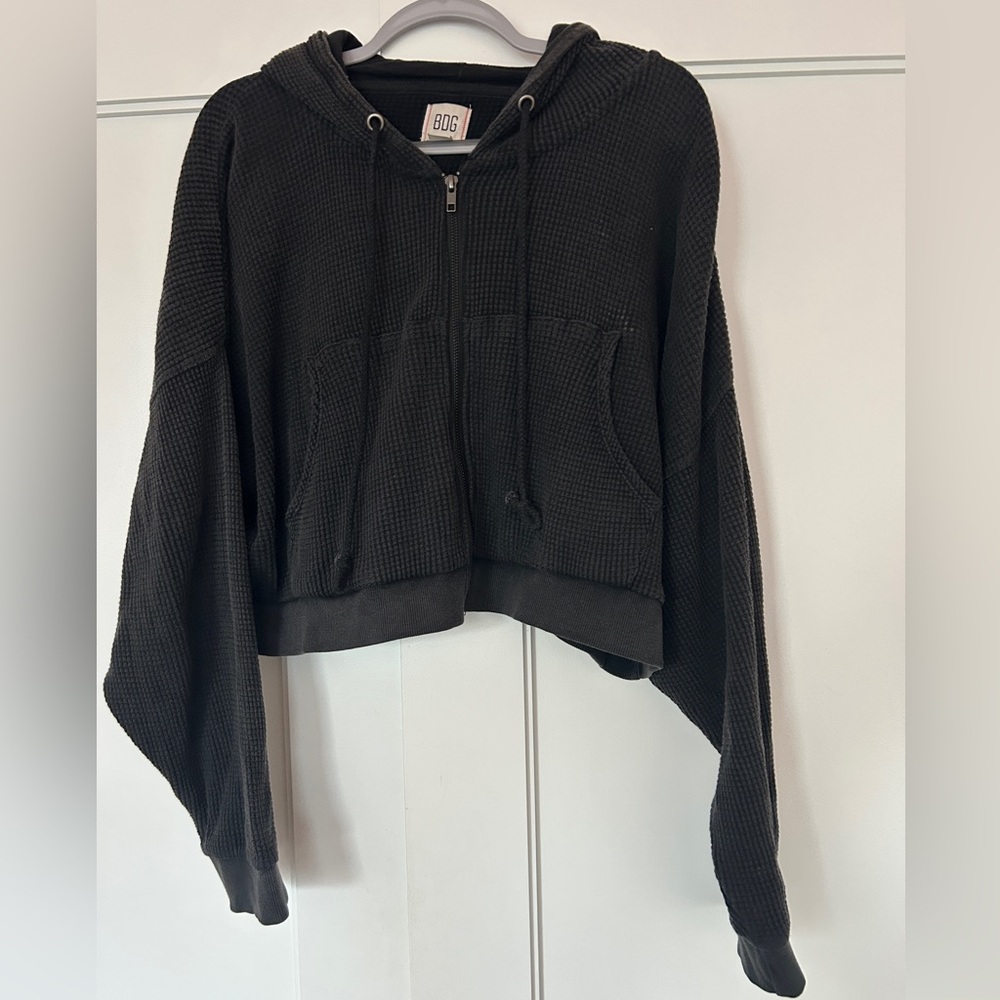 BDG Size L Cropped Charcoal Waffle Knit Hoodie
